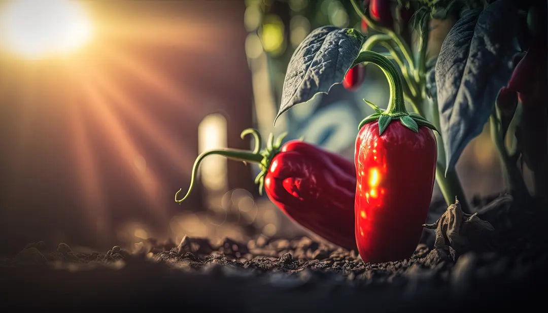 Chilli Seeds NZ two chillies growing in a sunny field.